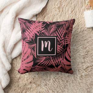 Roze palmblad patroon monogram modern script kussen