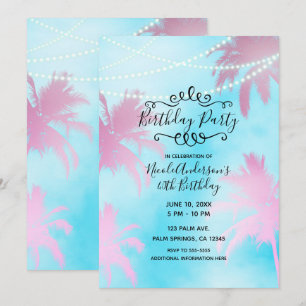 Roze palmbomen blauwe lucht en lichtjes verjaardag kaart