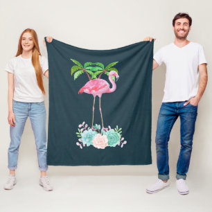 Roze palmbomen met flamingpalmen en bloemkolen fleece deken