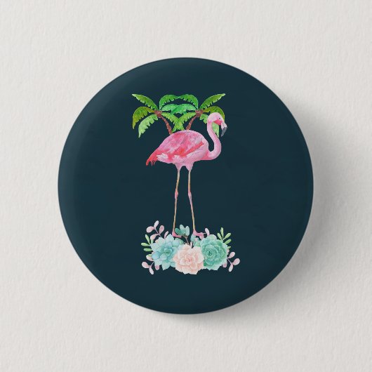 Roze palmbomen met flamingpalmen en bloemkolen ronde button 5,7 cm (Voorkant)