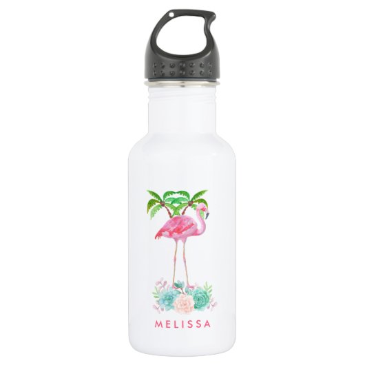 Roze palmbomen met flamingpalmen en bloemkolen waterfles  (Voorkant)