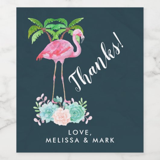 Roze palmbomen met flamingpalmen en bloemkolen wijn etiket (Enkel label)