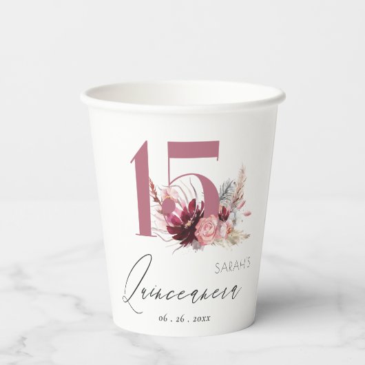 Roze Pampas Grass Quinceanera 15th Birthday Invite Papieren Bekers (Achterkant)