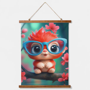 Roze panda Cartoon op de tak Hangend Wandkleed