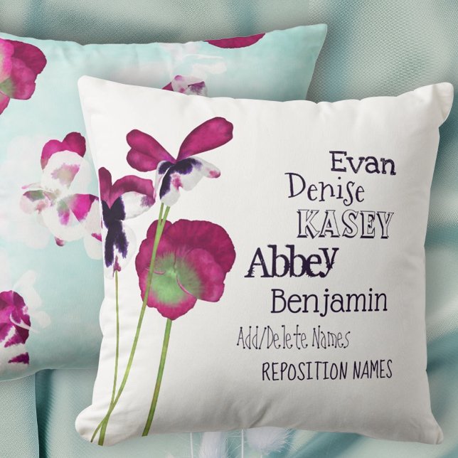 Roze pansieën grootmoeder, grootkindernamen kussen (mothers day mom grandma grandmother throw pillow children kids names pink turquoise floral flowers)