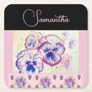 Roze Pansy Pansies Waterverf Bloemen Bloemen Kunst Vierkante Kartonnen Onderzetter