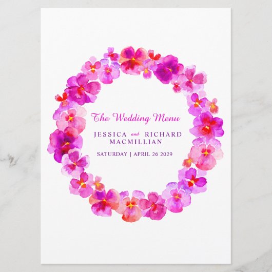 Roze panty kunst bloem krans kunst bruiloft menu (Voorkant)