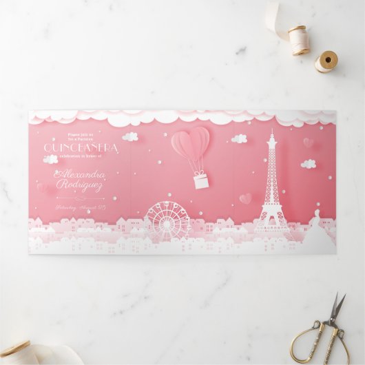 Roze papier Paris Quinceañera Tri-Fold uitnodiging (Buitenkant)