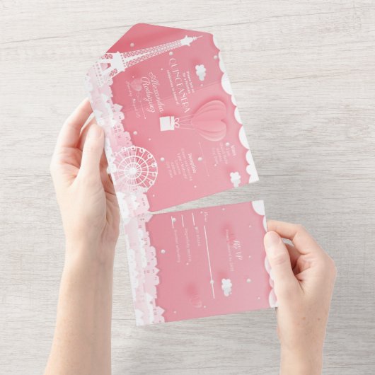 Roze papieren Parijs Quinceañera All In One Uitnodiging (Afscheurbaar)