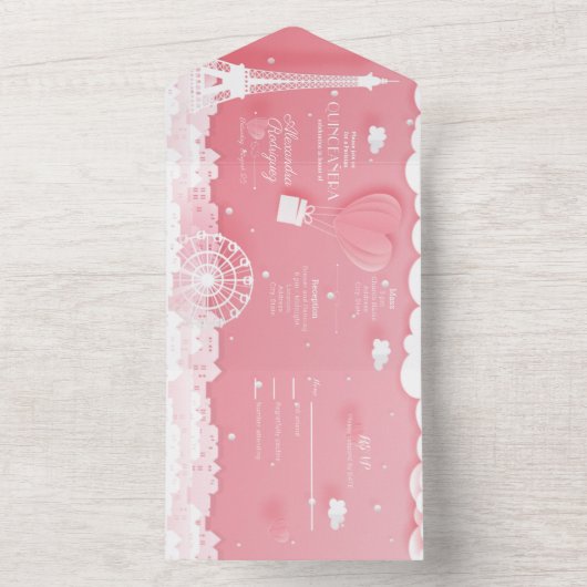 Roze papieren Parijs Quinceañera All In One Uitnodiging (Binnen)