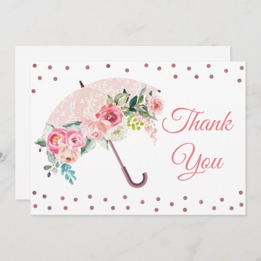 Roze Paraplu Baby Shower Bedankkaart (Voorkant / Achterkant)
