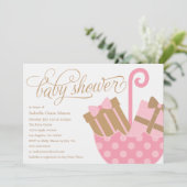 roze paraplu | Baby shower uitnodigen Kaart (Staand voorkant)