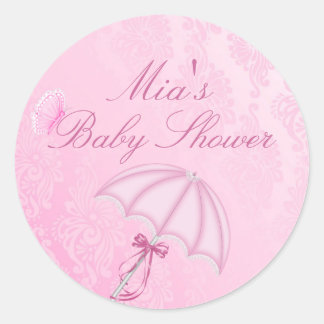 Roze Paraplu Design Baby Shower Sticker