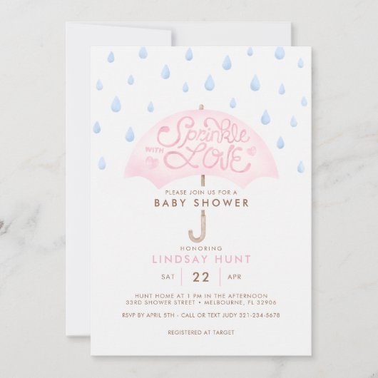 Roze Paraplu Sprinkle Baby shower Uitnodiging (Voorkant)