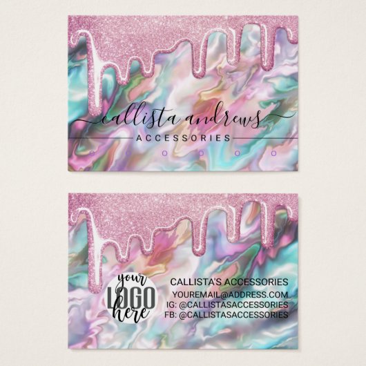 Roze Parel Opal Glitter Drips Lage Oorbel Logo Visitekaartje (Voorkant /achterkant)