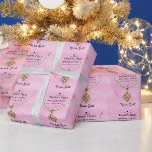 Roze Parelketting Elegante 21e Verjaardagsfeest Cadeaupapier