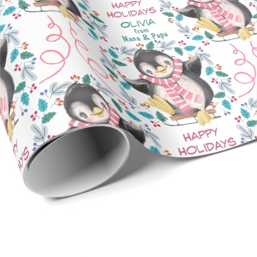 Roze parelpapier met pinguïn Sled Wreater kerstine Cadeaupapier (Rol Hoek)