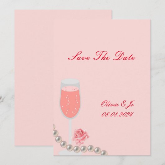 roze parels en prosecco bruiloft  save the date (Voorkant / Achterkant)