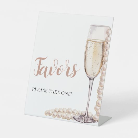 Roze Parels en Prosecco Champagne Favors Sign Reclamebord Met Voetstuk (Voorkant)