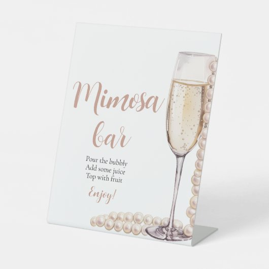 Roze Parels en Prosecco Champagne Mimosa Bar Teken Reclamebord Met Voetstuk (Voorkant)