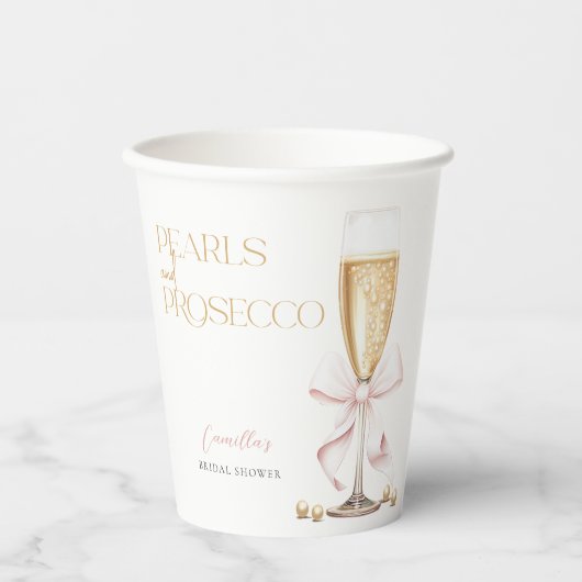 Roze Parels & Prosecco Strik Bridal Shower Papieren Bekers (Voorkant)