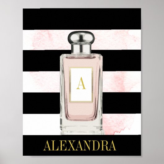 Roze parfume Fles Black Stripe Chic Monogram Poster (Voorkant)