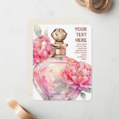 Roze parfumfles plat notitiekaartje (Voorkant / Achterkant in situ)