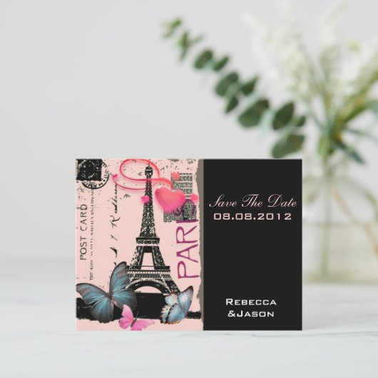 roze parijs eiffel tower - bestemming bruiloft aankondigingskaart (Staand voorkant)