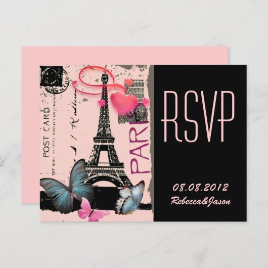 roze parijs eiffel tower - bestemming bruiloft uitnodiging briefkaart (Voorkant / Achterkant)