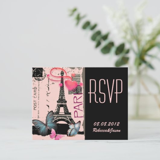 roze parijs eiffel tower - bestemming bruiloft uitnodiging briefkaart (Staand voorkant)