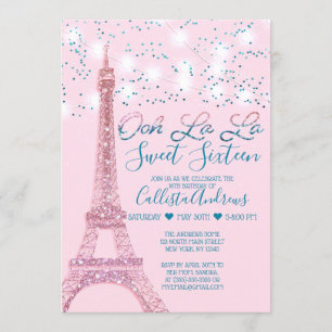 Roze Parijs Eiffeltoren glitter lichten Sweet 16 Kaart