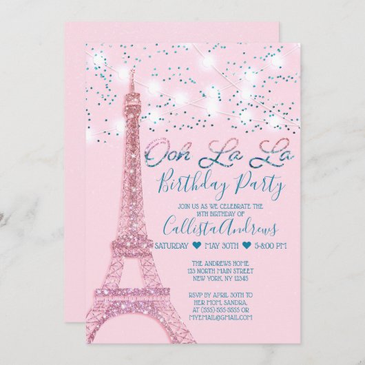 Roze Parijs Eiffeltoren Glitter Lights Verjaardag Kaart (Voorkant / Achterkant)