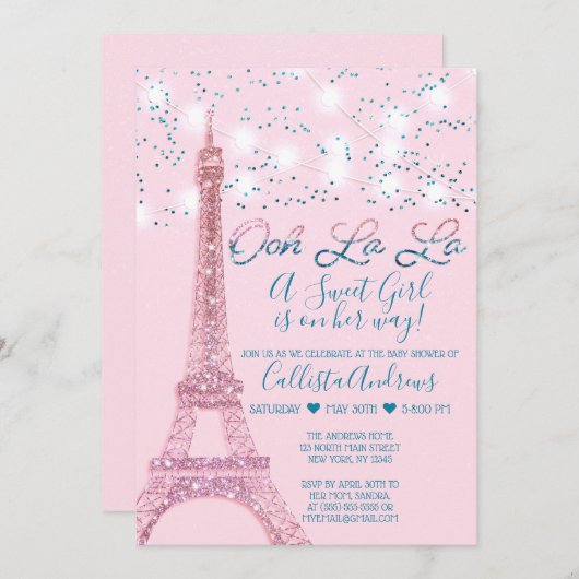 Roze Parijs Eiffeltoren glitterlichten Baby shower Kaart (Voorkant / Achterkant)