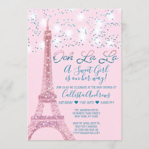 Roze Parijs Eiffeltoren glitterlichten Baby shower Kaart