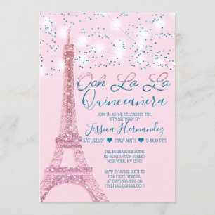 Roze Parijs Eiffeltoren glitterlichten Quinceañera Kaart