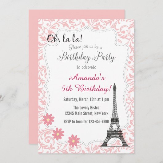 Roze Parijs Romantische Verjaardag Uitnodiging (Voorkant / Achterkant)