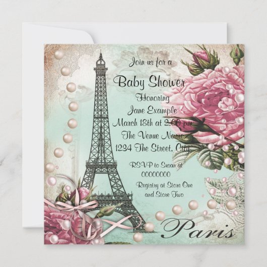  roze Paris Baby Shower Uitnodigingen (Voorkant)