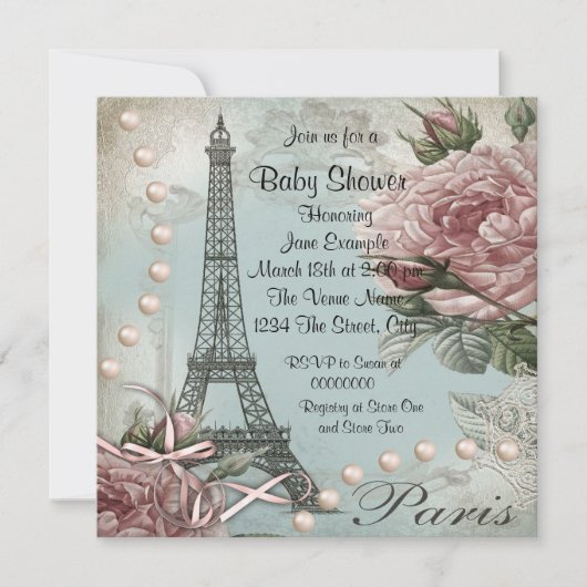  roze Paris Baby Shower Uitnodigingen (Voorkant)