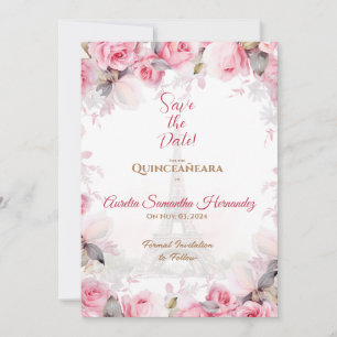 Roze Paris Bloemrozen Quinceañera Save the Date Kaart