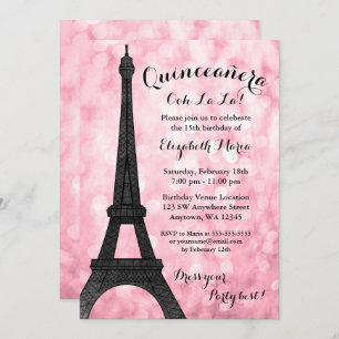 Roze Paris Bokeh Glitter Lights Quinceañera Kaart