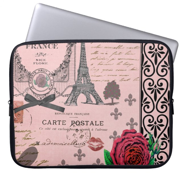  Roze Paris Collage Laptop Sleeve (Voorkant)