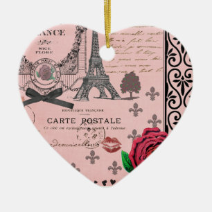 Roze Paris Collage romantische hartversiering Keramisch Ornament