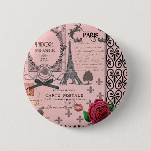 Roze Paris Collage Ronde Button 5,7 Cm