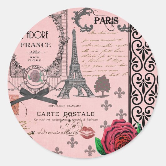 Roze Paris Collage Ronde Sticker (Voorkant)
