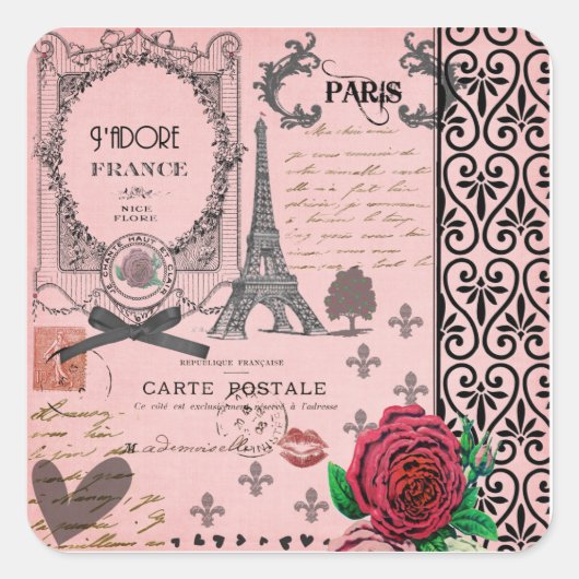  Roze Paris Collage Vierkante Sticker (Voorkant)