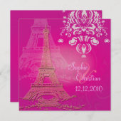 Roze Paris Eiffel + swirls Wedding Invitting Kaart (Voorkant / Achterkant)