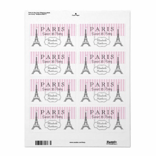 Roze Paris Eiffel Tower Sweet 16 Name Etiket (Full Sheet)