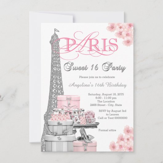 Roze Paris Sweet 16 Feest Kaart (Voorkant)