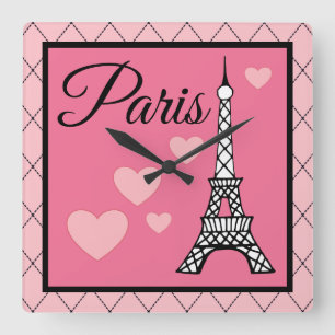 Roze Paris wandklok Vierkante Klok