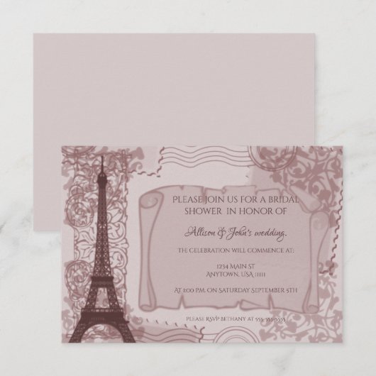 Roze Parisian Bridal Shower Kaart (Voorkant / Achterkant)